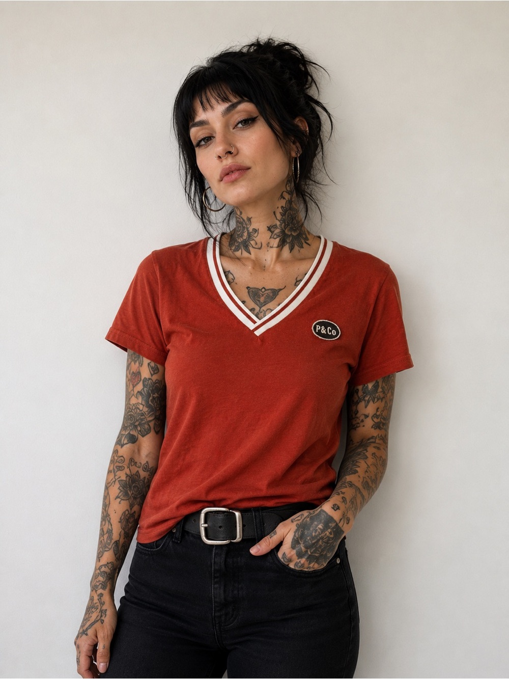 P&Co Rust V-Neck Crop Tee with Contrast Trim